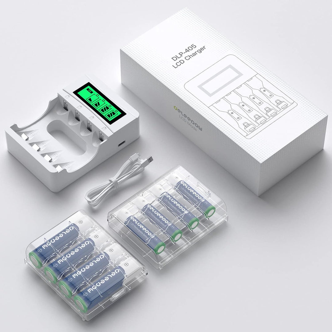Delyeepow Akku Ladegerät, mit 4 Stück AA Akkus+ 4 Stück AAA Akkus Wiederaufladbar, NiMH 1.2V, 4-Lade