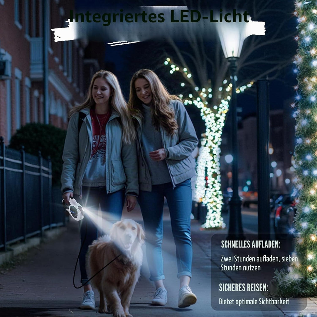 5M einziehbare Hundeleine 4-in-1-Hundeleine mit LED-Licht,Spender,Kotbeuteln,Schnellverschlussbremse