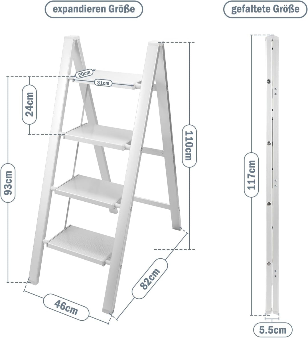 Eulenke Aluminium Klappleiter 4 Stufen, Leichte Stehleiter, Alu Trittleiter 4 Stufen Klappbar, rutsc