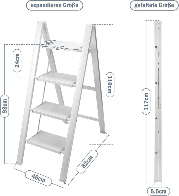 Eulenke Aluminium Klappleiter 4 Stufen, Leichte Stehleiter, Alu Trittleiter 4 Stufen Klappbar, rutsc