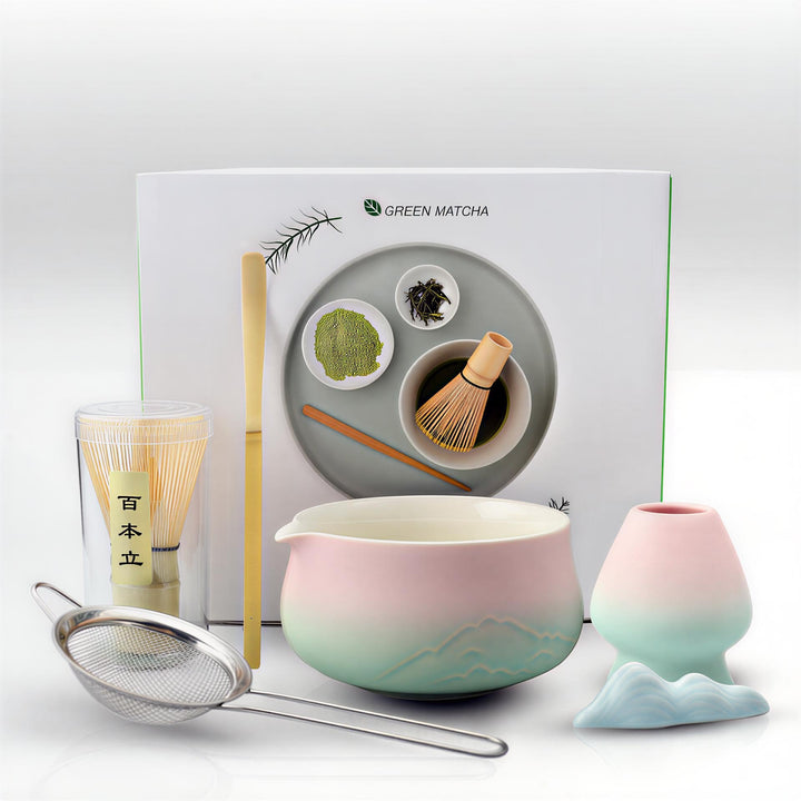 Matcha Set 7 teilig – Matcha Schale mit Ausgiesser, Matcha Besen (Chasen), Schaufel, Sieb, Besenhalt