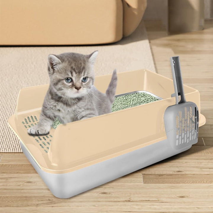 Katzentoilette aus Edelstahl mit hohen Seiten, Schaufel, einfache Reinigung, geruchsbeständig, geeig