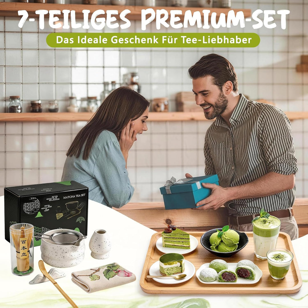 Matcha Set 7-teilig | Premium Tee-Zeremonie Set mit Matcha-Schale, Bambus-Chasen (100+ Spitzen), Hal