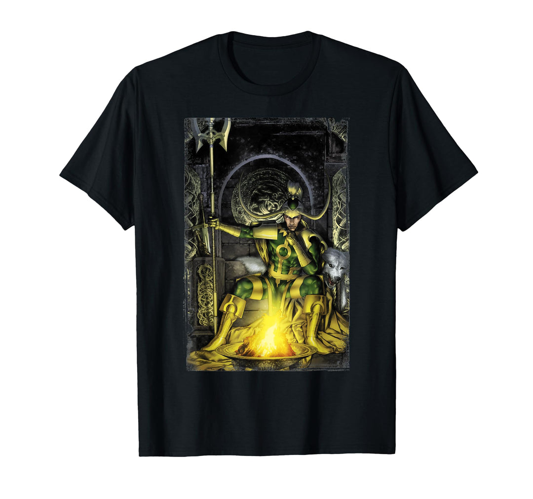 Womens Marvel Fenris Loki On His Throne Bonfire Graphic T-Shirt Medium Dark Heather