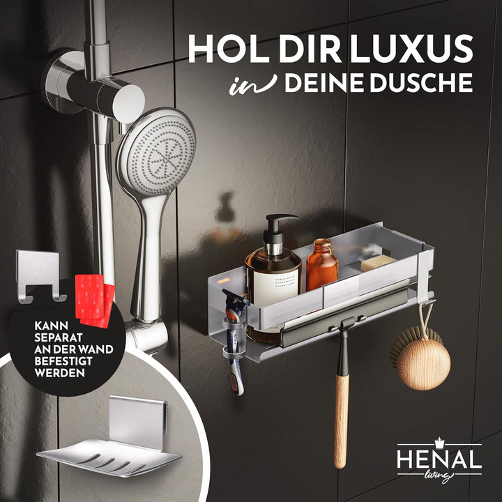 HENAL Duschablage Set 5 in 1, Edelstahl-Duschablage matt gebürstet ohne Bohren, Duschregal inklusive