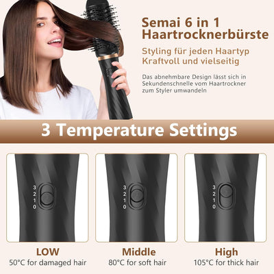 Semai 6 in 1 Air Styler set mit 1000W Haartrockner, Rundbürste, Warmluftbürste, Automatisch Volumen