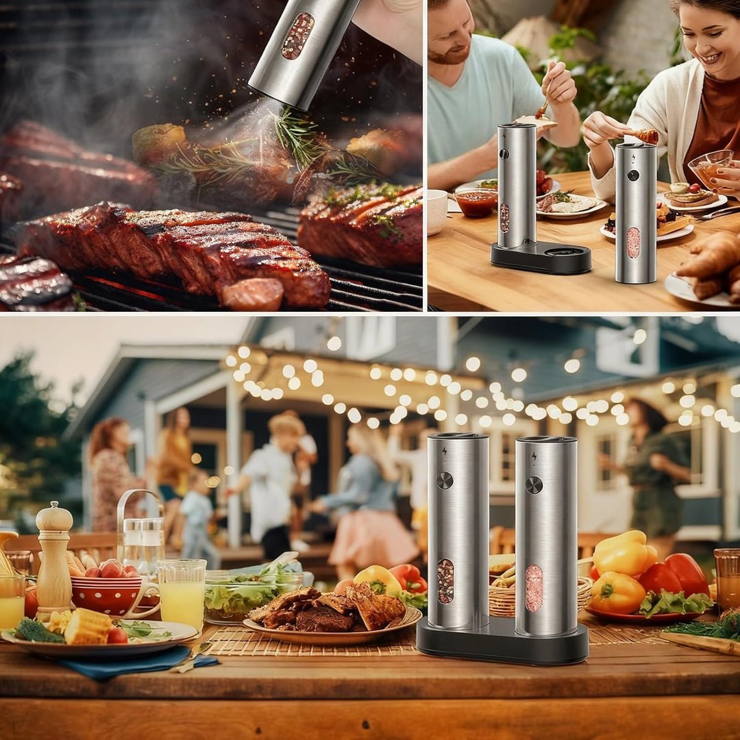 Elektrische Salz und Pfeffermühle Set, SINZONeu® Edelstahl Mühlen mit USB-C Ladestation, 5 Stufen Ma