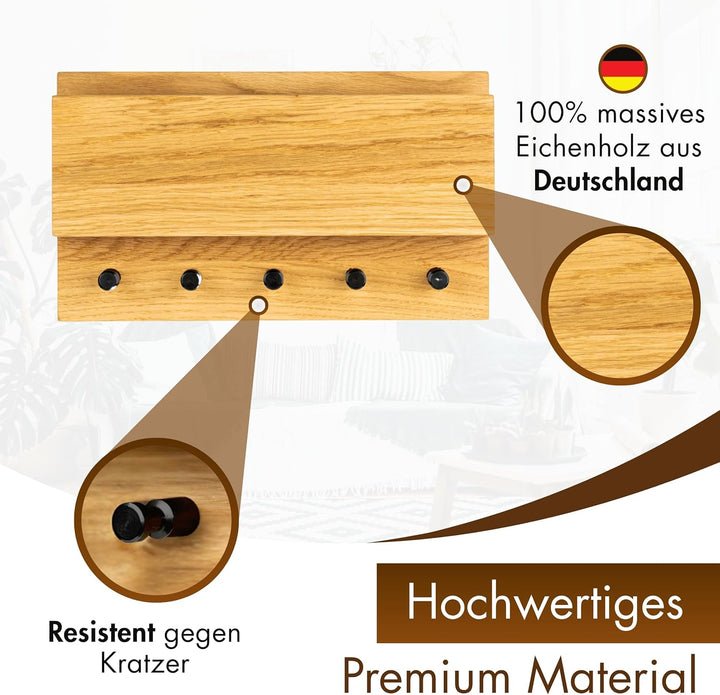Schlüsselbrett Holz mit Ablage - massives Eichenholz, hochwertige schwarze Edelstahlhaken, Schlüssel
