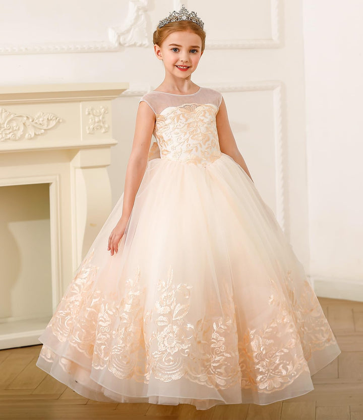 PLWEDDING Spitze Lange Ärmel Blumenmädchen Kleid Prinzessin Tüll Kleid für Kinder Erstkommunion Klei