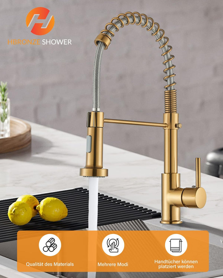 Hbronzeshower Wasserhahn Küche mit Brause ausziehbar, 360° Schwenkbar Küchenarmatur, Gold Einhebel S