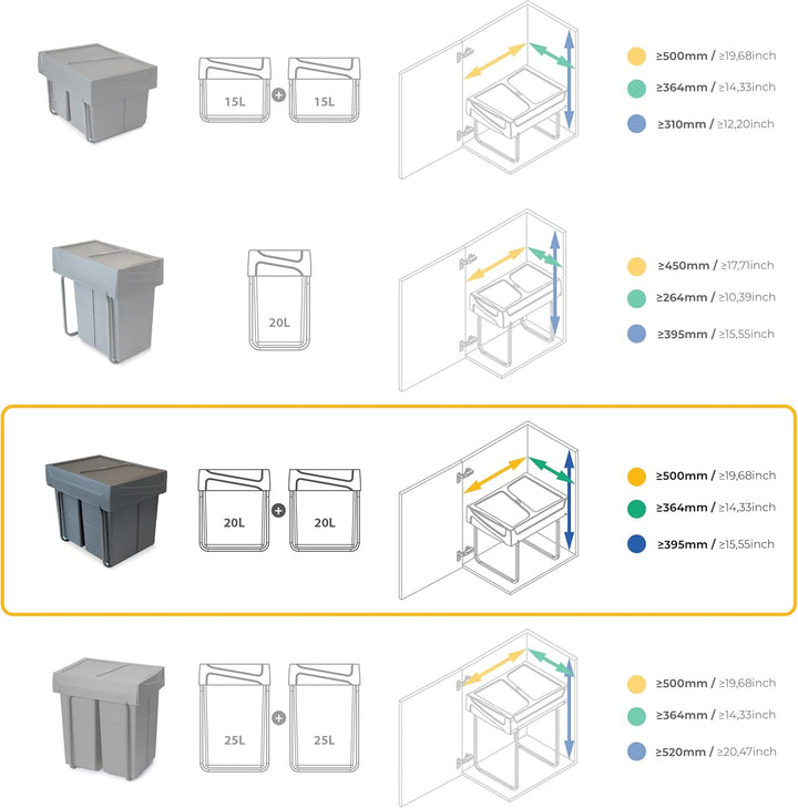 Emuca - Küchenabfalleimer mit unterseitiger Befestigung, 2 ausziehbarer 20 L Recycle-Mülleimer, Gesa