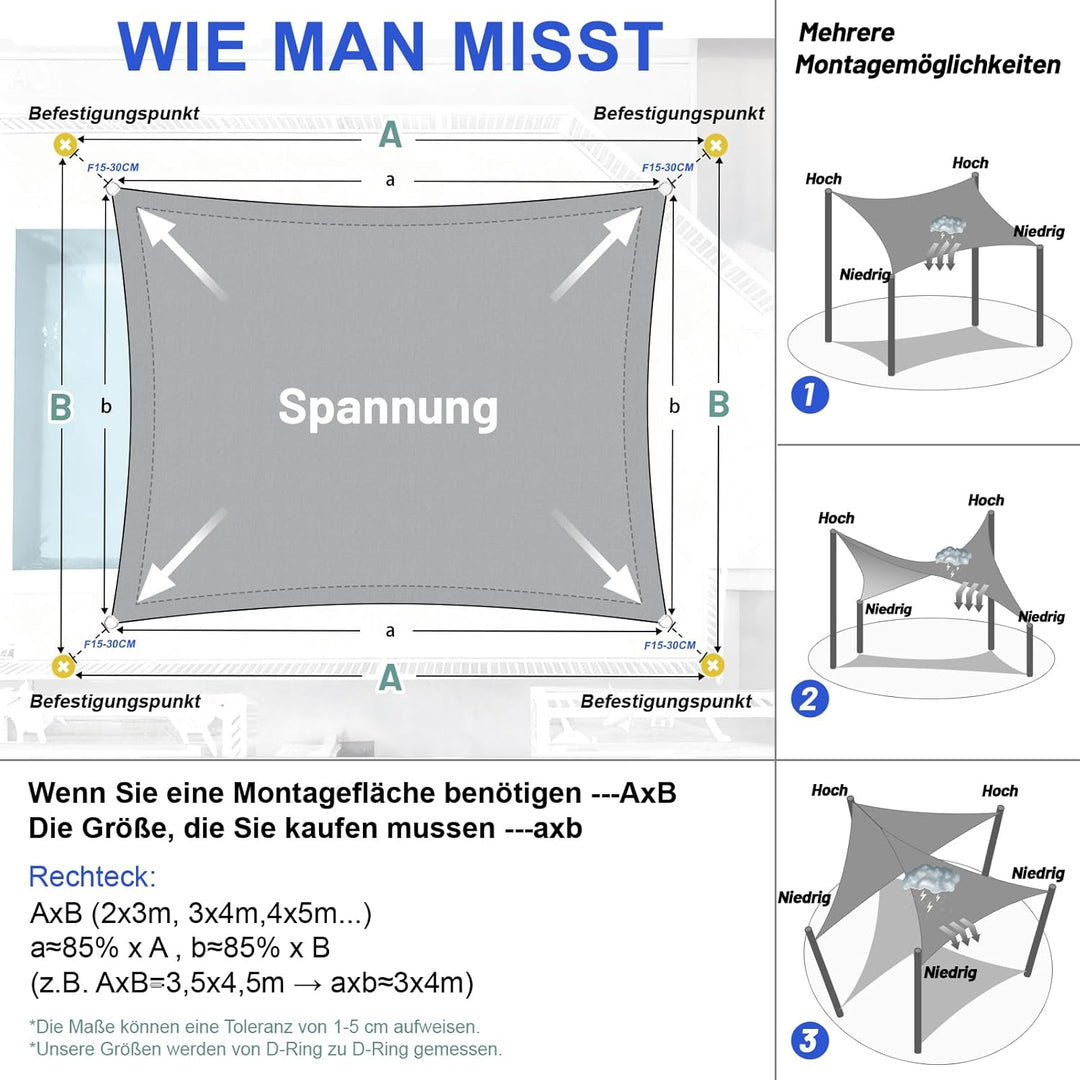 LOVE STORY Sonnensegel Wasserdicht 2x4m Rechteckig PES Polyester Sonnenschutz Windschutz Balkon Terr