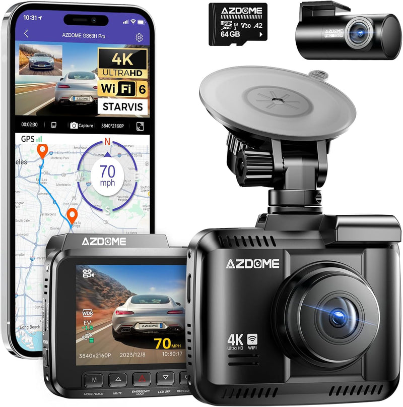 AZDOME Dashcam Auto Vorne Hinten 4K/2,5K GPS WiFi Dash Cam Auto mit Starvis, 64GB SD Karte, Auto Kam