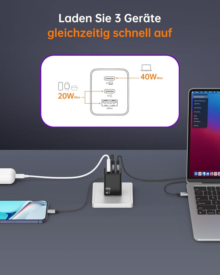 NOVOO 67W USB C Ladegerät 3-Port GaN Ⅲ USB C Netzteil Schnellladegerät mit 2 PD 100W Typ-C-Kabeln Wa