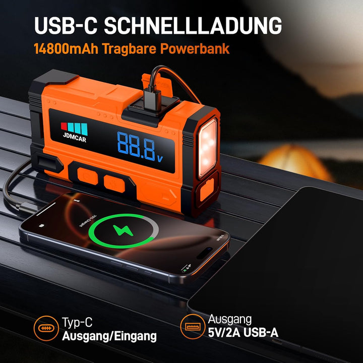 JDMCAR Starthilfe Powerbank für Pkw 9000 A, Starter Powerbank Pastellorange, Pastellorange
