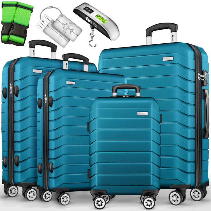 tillvex® Reisekoffer Set 4-teilig + Gepäckwaage, 8X Koffergurte & 4X Kofferanhänger | Kofferset 4 Ro