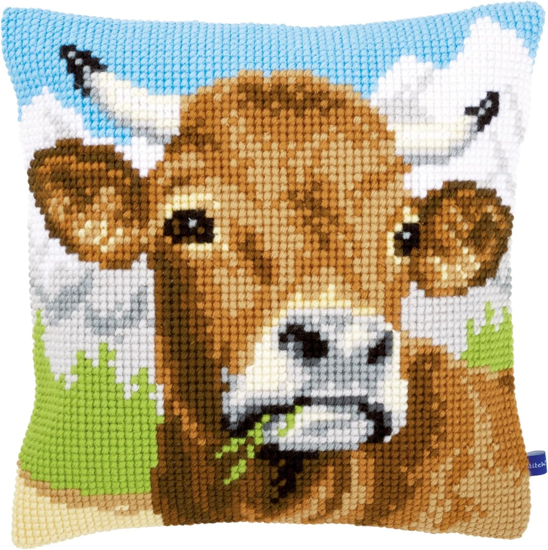 Vervaco Kuh braun Kreuzstichkissen/Stickkissen vorgedruckt, Baumwolle, Mehrfarbig, 40 x 40 x 0.3 cm