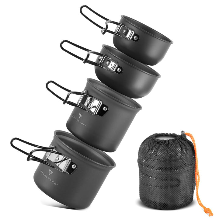 STAHLWERK Camping Kochtopf-Set 4-teilig aus Aluminium, Outdoor Kochgeschirr mit Antihaftbeschichtung