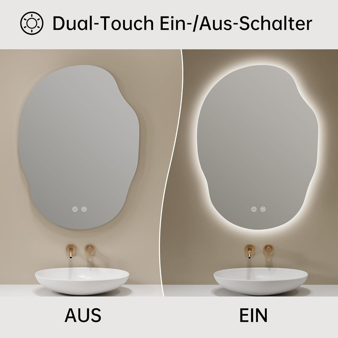 Spiegel mit Beleuchtung Asymmetrischer LED Badspiegel 56 x 76 cm mit Touch-Schalter, Dimmbar 3 Licht