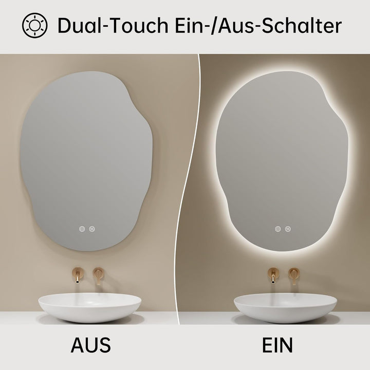 Spiegel mit Beleuchtung Asymmetrischer LED Badspiegel 56 x 76 cm mit Touch-Schalter, Dimmbar 3 Licht