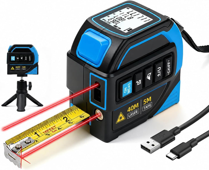 Laser Entfernungsmesser 40 m, 4 in 1 Laser Massband mit 5 m Massband, 40 m Laser, 16 m Laser-Fadenkr