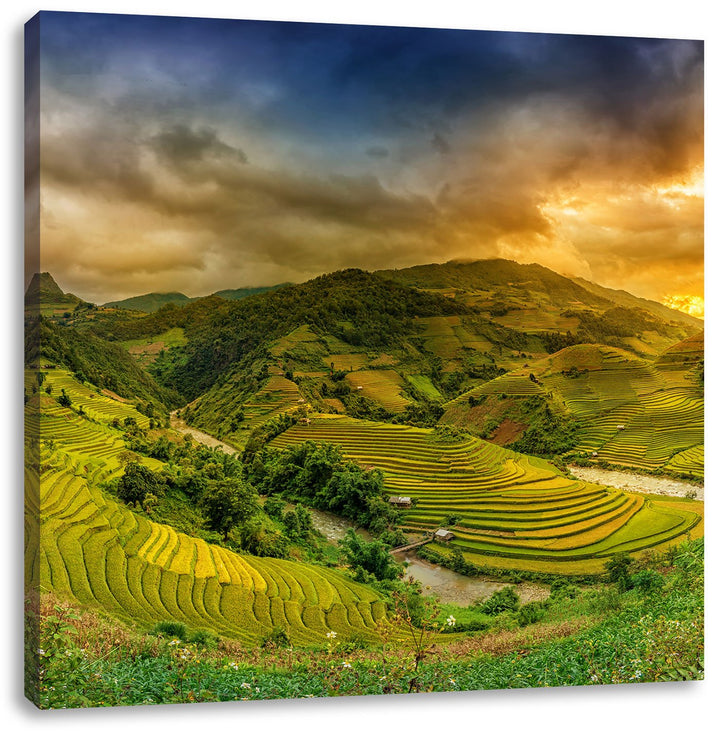 eine Berg Farm in Asien, Format: 70x70 auf Leinwand, XXL riesige Bilder fertig gerahmt mit Keilrahme