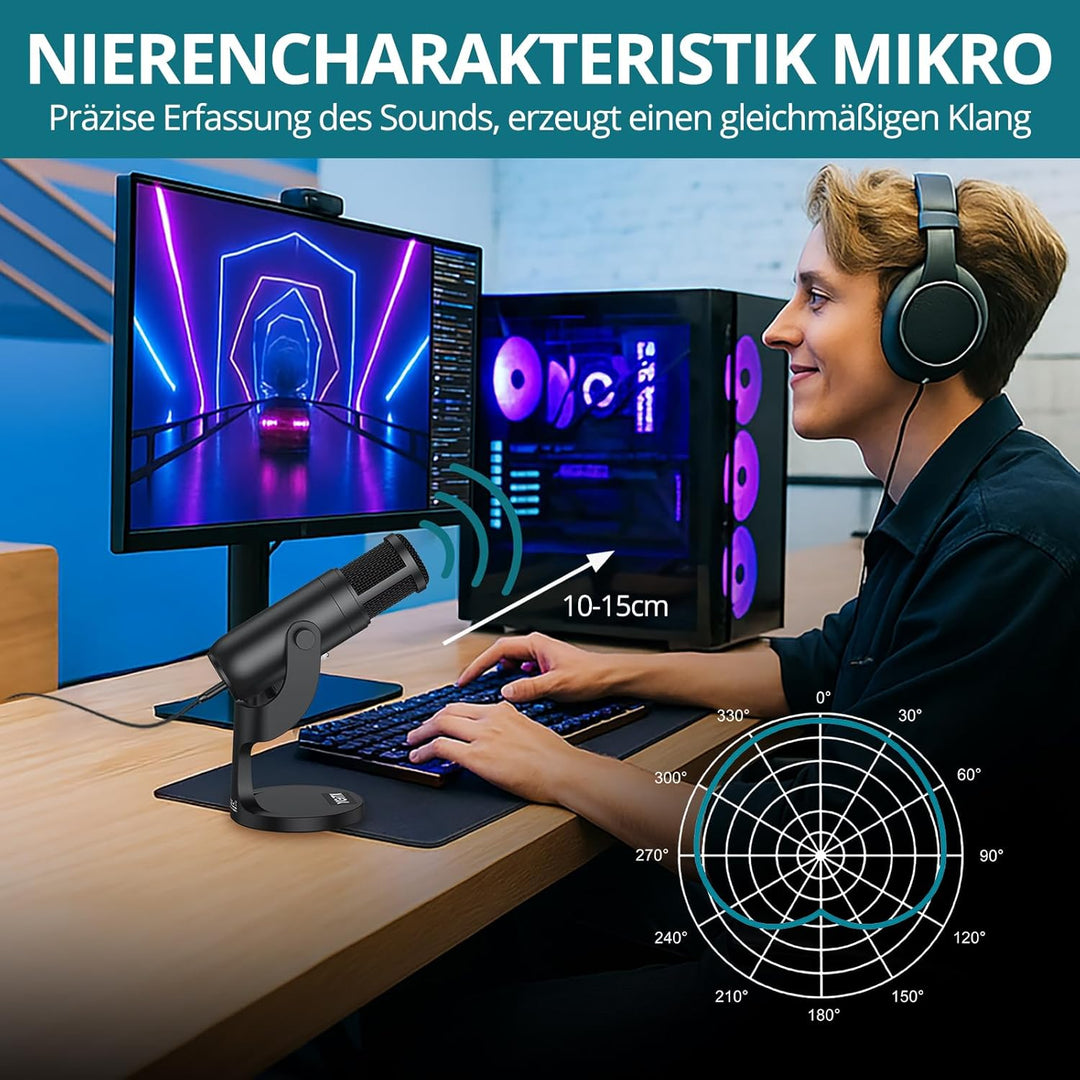 USB Mikrofon PC Kondensator Mikrofon Plug & Play Gaming Mikrofon mit Lautstärkesteuerung & Stumme Ta