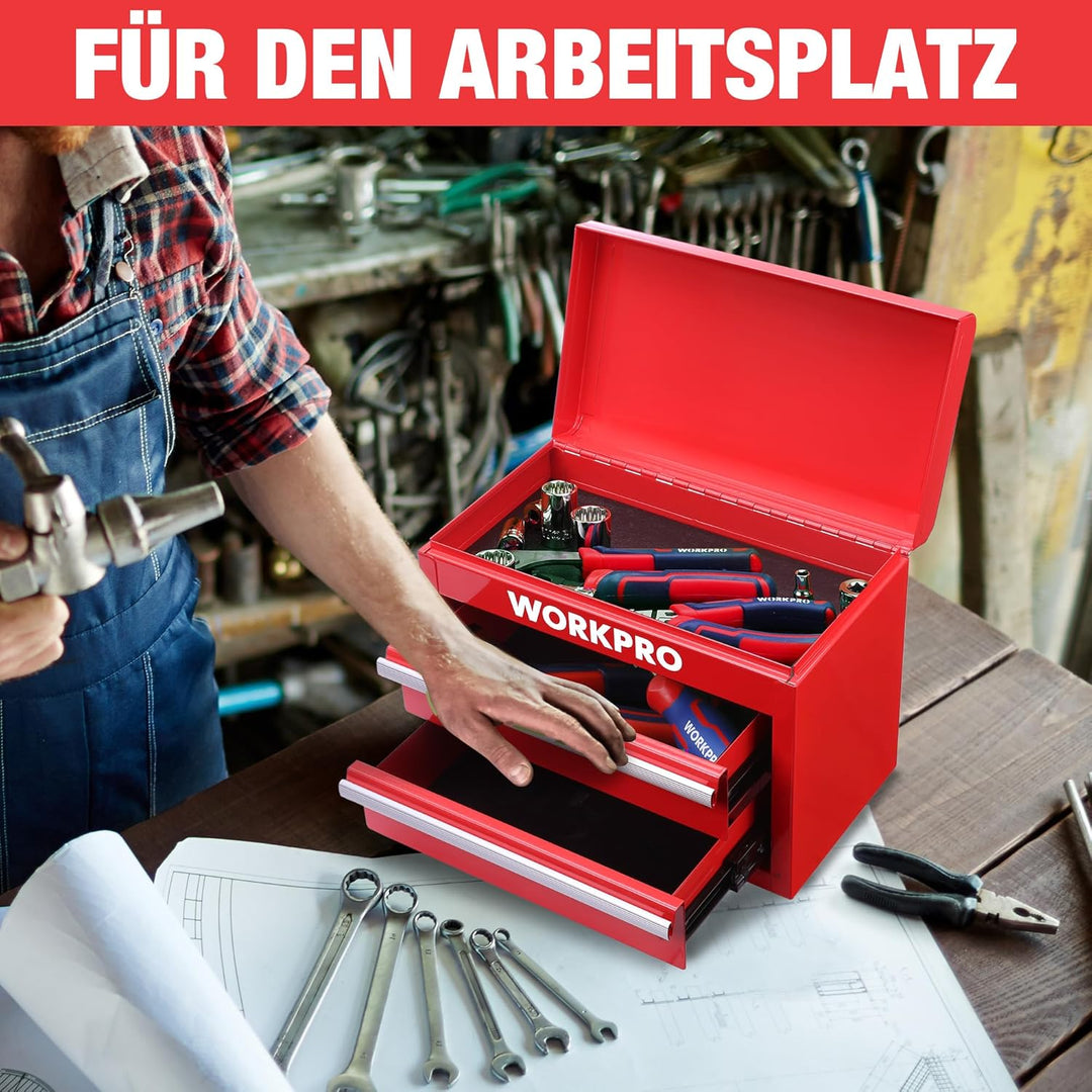 WORKPRO Metall Schubladenbox mit 2 Schubladen & Oberer Stauraum Rot, 27,5x15x20,8cm Tisch Organizer