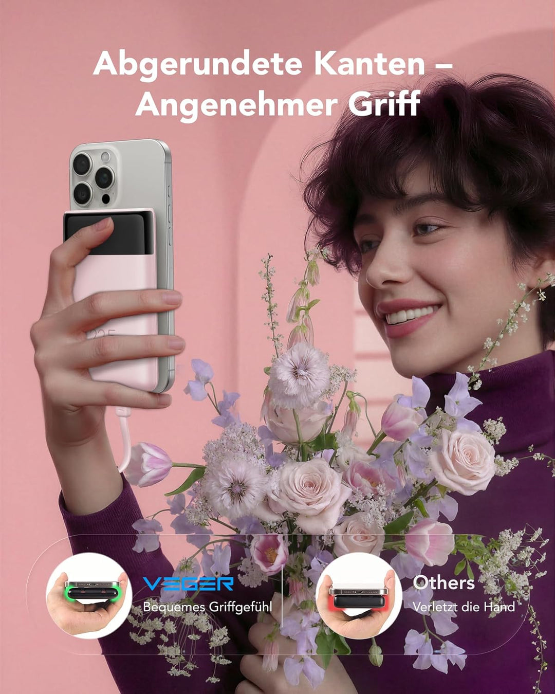VEGER Power Bank 10000mAh Klein, 22.5W Schnellladung PowerBank mit Integriertem USB-C Kabel, Externe