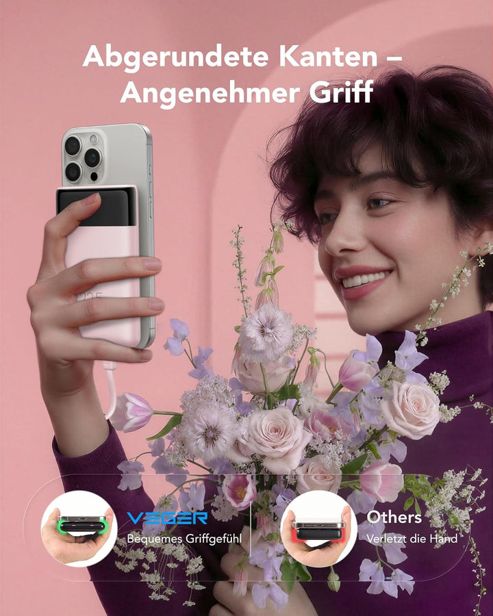 VEGER Power Bank 10000mAh Klein, 22.5W Schnellladung PowerBank mit Integriertem USB-C Kabel, Externe