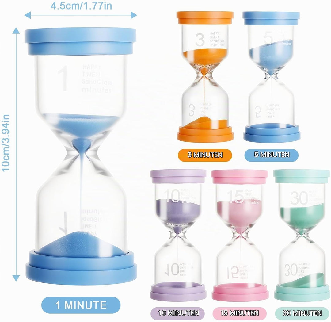 6 Stück Sanduhren Set – 1/3/5/10/15/30 Minuten Timer – Bunte Sanduhren in Macaron-Farben für Lernen,