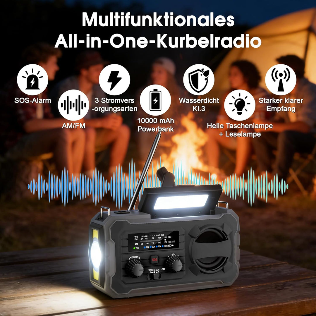 Kurbelradio, Tragbares Solarradio mit AM/FM, 10000mAh Powerbank, Notfallradio mit SOS-Alarm, LED-Tas