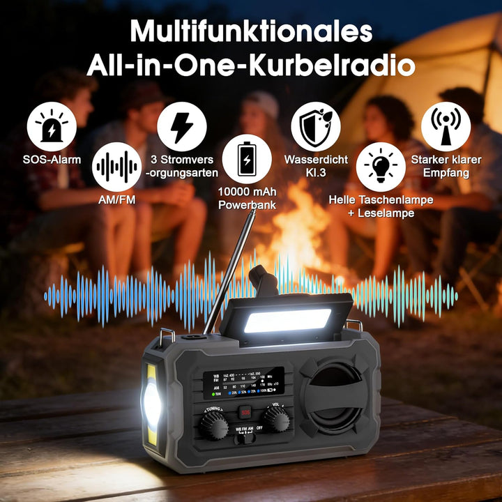 Kurbelradio, Tragbares Solarradio mit AM/FM, 10000mAh Powerbank, Notfallradio mit SOS-Alarm, LED-Tas