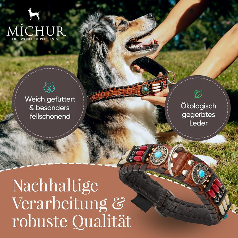 MICHUR Carlota Halsband Indianer, Hundehalsband Leder Braun, Lederhalsband Hund, Halsband, MIT TÜRKI