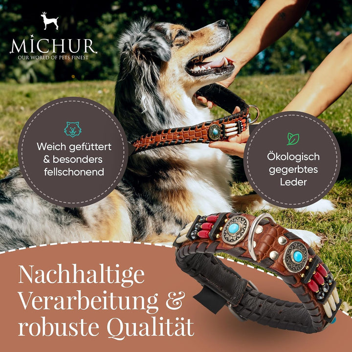 MICHUR Carlota Halsband Indianer, Hundehalsband Leder Braun, Lederhalsband Hund, Halsband, MIT TÜRKI
