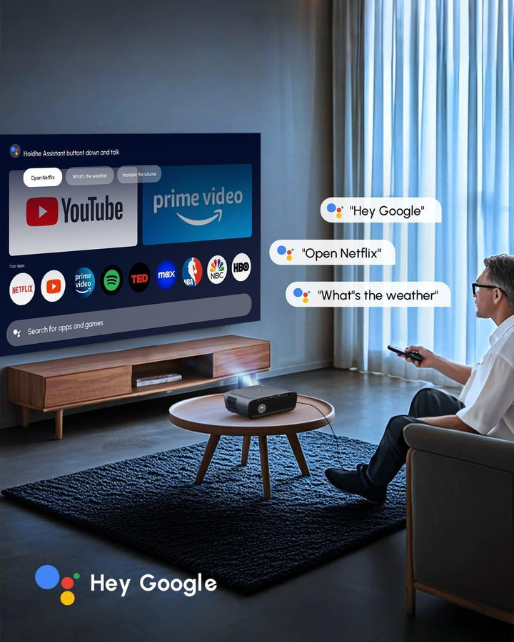 Beamer 4K mit Google TV, 2400 ANSI Tageslicht Beamer 4K Heimkino mit Tof AutoFokus DD+ HDR10+ AI Coo