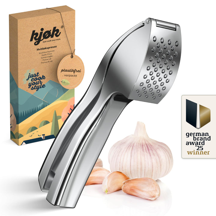 kjøk Premium Knoblauchpresse - Zinklegierung in Chrom glänzend - profi Knoblauch Presse spülmaschine