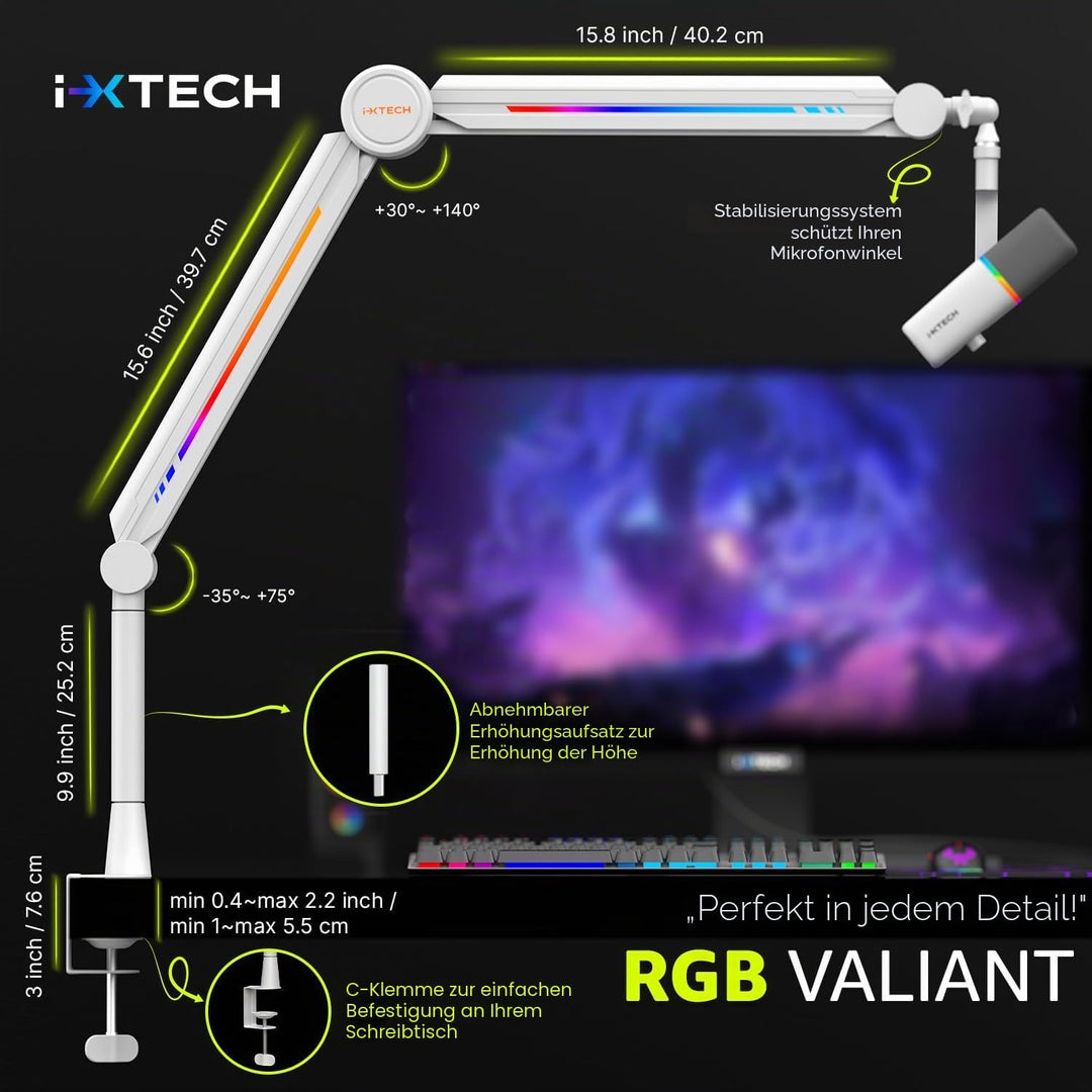 IXTECH RGB Mic Boom Arm High Profile, Overhead Boom Arm Mikrofonständer Schreibtischhalterung, verst