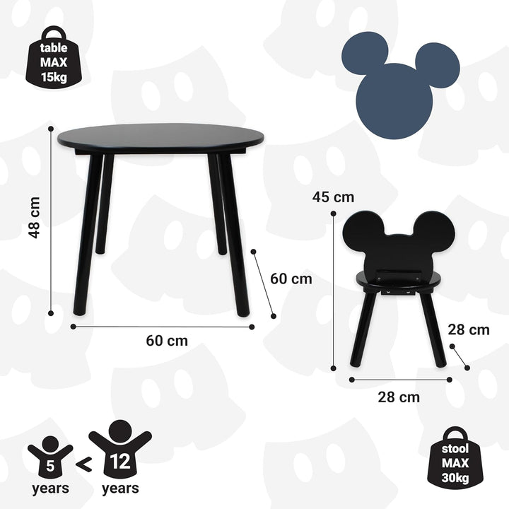 Disney Set mit Tisch und Stühlen, 15 mm MDF + Kiefernholz, Black, S Mickey Mouse Schwarz, Mickey Mou