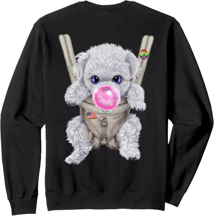 Weisser Pudelhund mit Kaugummi in der Babytrage Sweatshirt