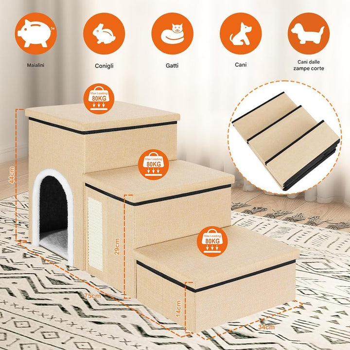 BAKAJI 3-in-1 Klapptreppe für Hunde und Katzen, aus Polyester, Beige, multifunktionale Leiter für St