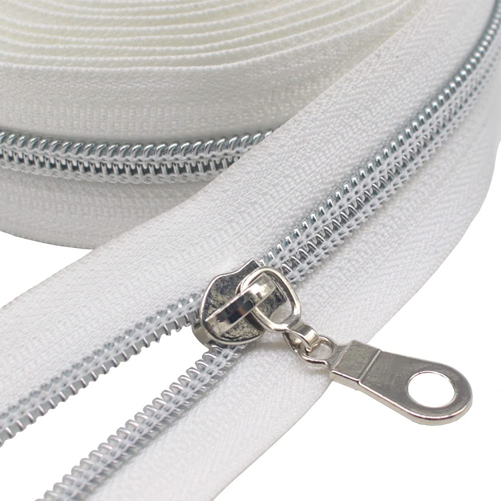 MebuZip 9 m Silber endlos Reissverschluss Meterware Nylon 6mm (Weiss) | Reissverschluss 25 Nonlock-Z