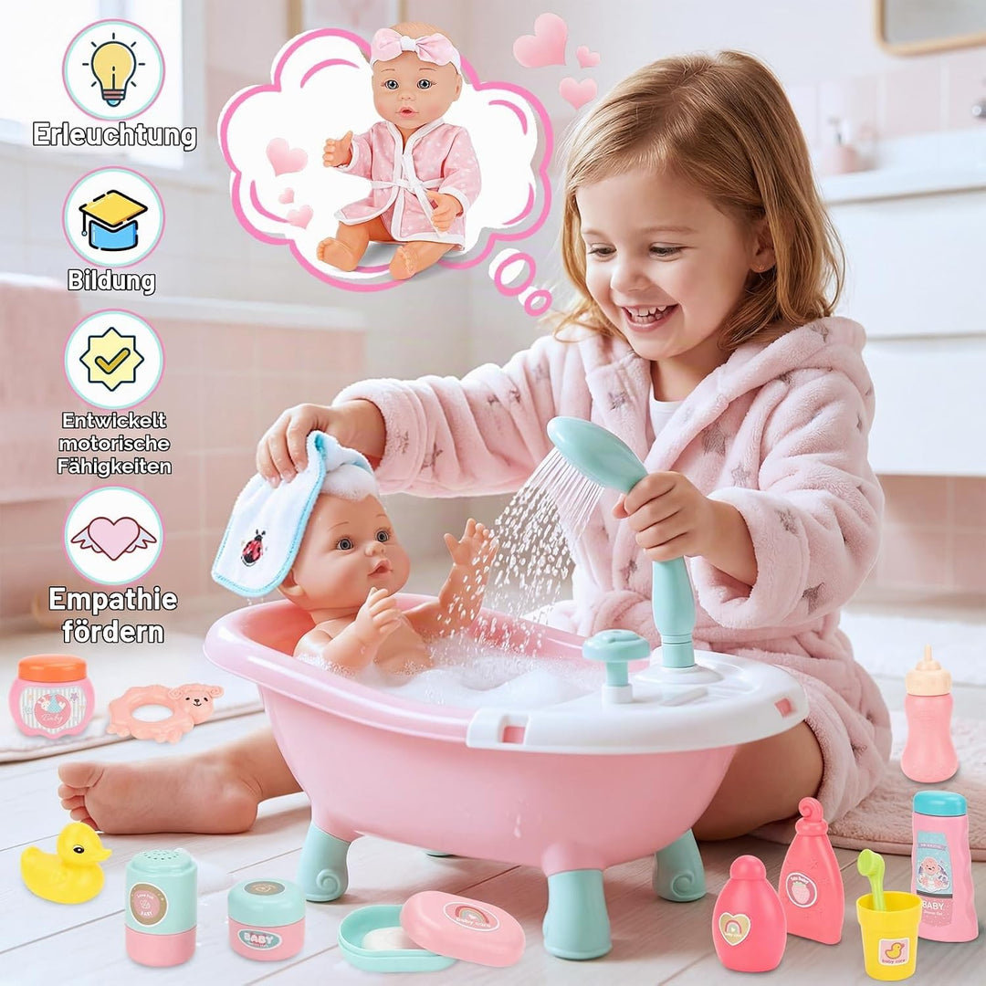 deAO Baby Puppe mit Badewanne und Zubehör, 30cm Badepuppe für Mädchen | Puppenzubehör Spielset mit F