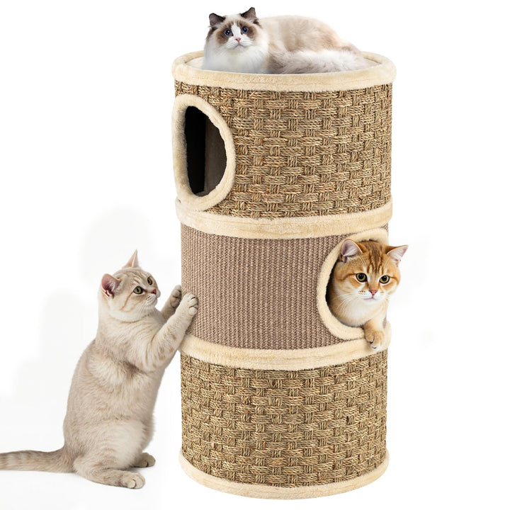 GOPLUS Kratztonne 3 Ebenen, 70 cm Katzentonne mit 3 Höhlen, Sisal-Kratzbrett, Plüschbett & Seetangse