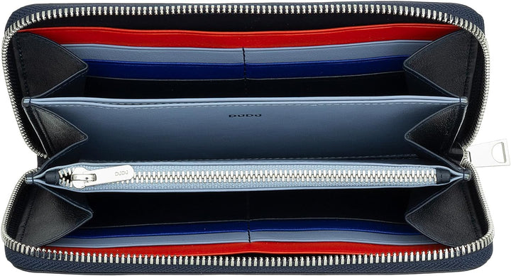 DUDU Grosse Bunte Damenbrieftasche RFID in echtem Leder mit Rundum - Reissverschluss Navy, Navy