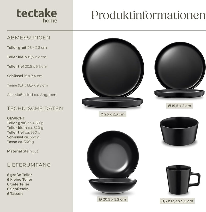 tectake® 47-tlg. Küchenstarterset, Steingut Geschirrset 6 Personen, Tassen, Teller Set, 2x Kochtopf,