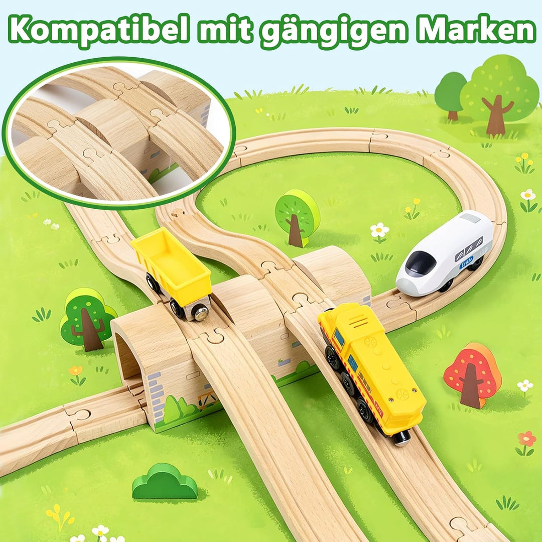 Holzeisenbahn Tunnel und Brücke Set mit S-Schienen, Holz Eisenbahn Brücke Zubehör kompatibel mit füh