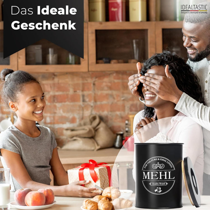 IDEALTASTIC® Premium Mehl Aufbewahrung schwarz, Luftdichte Mehldose 500g für die Küche I Robuster Me