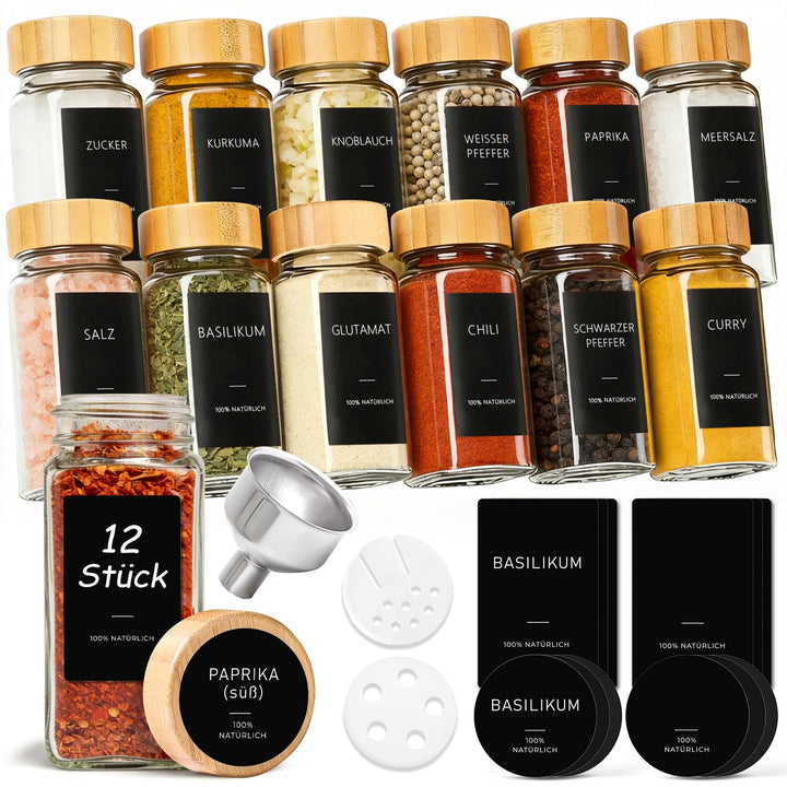 ComSaf Gewürzgläser Set 12 Stück 120 ml (4,7 × 4,7 × 10,8 cm), platzsparende Aufbewahrung für schnel