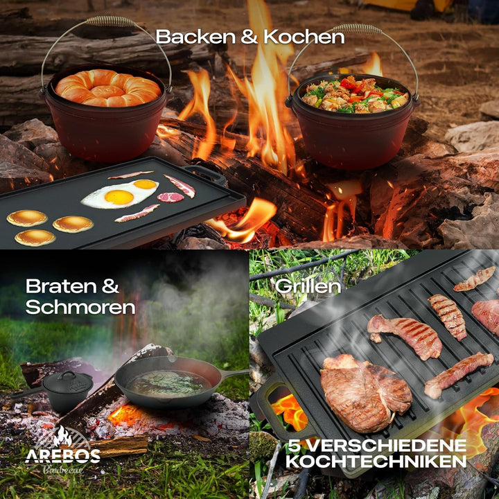 Arebos Dutch Oven Set 9-teilig | Gusseisen BBQ Set mit Grillplatte, Feuertopf, Pfanne, Deckelheber,